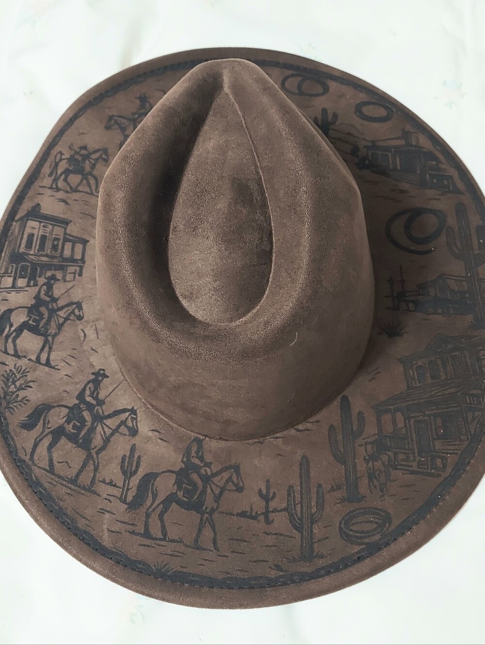 Brown Western Felted Hat With Detailed Western Cowboy Design Adjustable